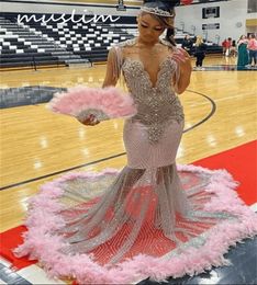 Party Dresses Glitter Pink Luxury Evening Dress Diamong Crystal Mermaid Prom With Feather Illusion Sequin Black Girls Formal