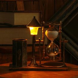 Hourglass Sand Pen Holder Lamp Desktop Decor Led Quicksand Street Ornament Timer