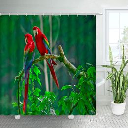 Funny Parrot Shower Curtains Tropical Forest Branch Birds Green Plant Leaves Print Fabric Bathroom Decor Bath Curtain Sets Hooks