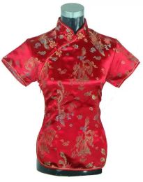 Dresses Summer Short Sleeve Red Women Shirt Tops Chinese Lady Traditional Satin Silk Blouse Novelty Dragon Clothing S M L XL XXL WS005