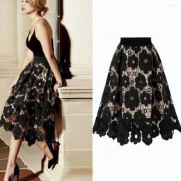 Skirts Women's Skirt High Elastic Waist Hollow Floral Lace A-Line Large Hem Commuting Party Long