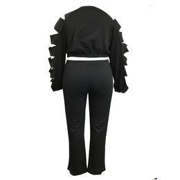 Womens Tracksuits 4Xl 5X Lw Plus Size Autumn Winter Women Cut Out High Waist Pants Set Daily Casual Round Neck Long Sleeve Two-Piece D Dht5B