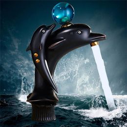 Basin Faucet Brass Bathroom Sink Mixer Tap Hot & Cold Deck Mounted Black Oil Brushed Lavatory Dolphin Water Crane Gold/Chrome