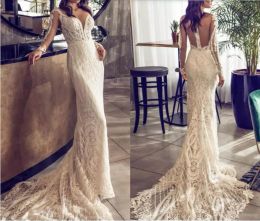 Riki Dalal 2024 Wedding Dresses Lace Applique Deep V-Neck Long Sleeve Bridal Gowns Sweep Train Plus Size Mermaid Wedding Dress