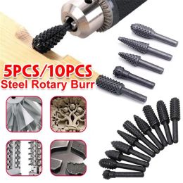 1/4'' 10/5PCS Rasp File Drill Bit Set Cutting Grinder Drill For Woodworking Knife Wood Carving Tool Round Shank Rotary Burr Set