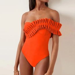 One Piece Swimsuit 2024 Sexy Solid Ruffle Swimwear Women Yellow Bathing Suit Beach Wear Backless Monokini 240409