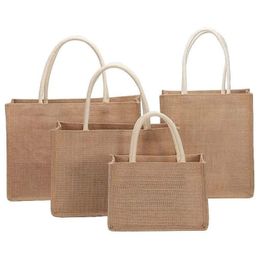 Unisex Reusable Grocery Bag Blank Jute Eco Friendly Shopper Handbag Large Capacity Beach Tote Foldable Burlap Travel Storage Bag
