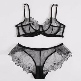 Sexy Bra Set Embroidery flowers perspective Lace Mesh Oversized lingerie Underwear Set Women Bralette Transparent Bra Panty Set