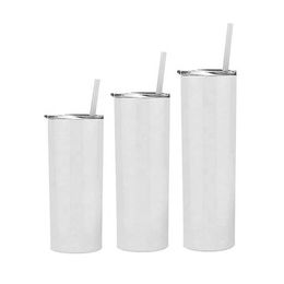 Mugs Wholesale 15oz Sublimation Straight Skinny Tumbler White Blank Water Cup Coating For Heat Transfer Stainless Steel For Gift 240410