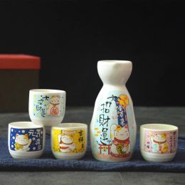 5-Piece Wine Set Japanese Maneki Neko Ceramic Sake Set (1 TOKKURI Bottle 200ml and 4 OCHOKO Cup) Lucky Cat Drinkware