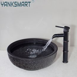 YANKSMART Bamboo Waterfall Bathroom Faucet Washbasin Ceramics Hand-Painted Lavatory Bath Brass Faucet Mixer Water Tap Combo Kit