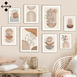 Beige Geometric Canvas Painting Abstract Boho Style Wall Art Poster and Print Modern Nordic Leaves Print Picture for Home Decor