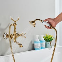 Onyzpily Bathtub Shower Faucet Antique ORB Golden Phone Style Spray Wall-Mounted Hot And Cold Faucet Blue and White Porcelain