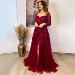 Urban Sexy Dresses Flavinke Elegant Burgundy Feather Evening Night Dress for Women V Neck Beads Handmade Side Slit Aline Wedding Prom Party Gown 24410