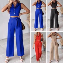 Women's Two Piece Pants Strapped Suit Elegant Vest Wide Leg Set For Women Formal Office Attire With Lace-up Belt V Neck Design Ladies