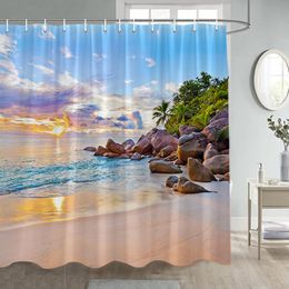 Ocean Island Shower Curtain Beach Coconut Trees Dusk Sea Waves Hawaii Nature Landscape Bath Curtains Fabric Bathroom Decor Set