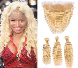 613 Blonde Malaysian Virgin Hair Weft Extensions with Frontal Closure Blonde 3 Bundles Deep Wave Human Hair Weaves with Lace Fron2731422