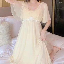 Women's Sleepwear Princess Nightwear Summer Solid Color Short Sleeve Night Dress Women Lace Round Neck Nightdress Fairy Mesh Nightgown