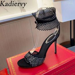 Sandals Luxury Rhinestone Gladiator Women High Heels Runway Shoes Crystal Mesh Hollow Outs Stiletto Summer Woman