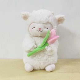 Plush Dolls Kawaii Sweet White Sheet Lam Hold Tulip Flower Plush Doll Soft Fill Lamb Tulip Plush Toy Cute Birthday Gift for Children J240410