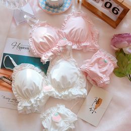 Cute lolita brassiere little strawberry embroidery bralette sweet girl underwear soft no steel ring lotus leaf bra briefs set