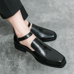 New Black Casual Business Men Sandals Comfortable and Breathable Buckle Square Toe Formal Leather Shoes
