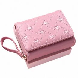 cute Women's Wallet for PU Leather Fi Embroidered Love Heart Tri-fold Small Wallet Card Holder Multi-card Slot Coin Purses p048#