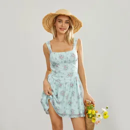 Casual Dresses Sleeveless Tie Back Floral Print Mini Dress Square Neck Party Club Women's Summer A-Line