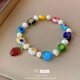 Drip Oil Pearl Glass Love Flower Strawberry Korean High Grade Feel Bracelet Sweet and Versatile Handicraft for Women