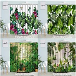 Tropical Plant Shower Curtain Monstera Palm Leaf Hummingbird Nature Flower Leaves Print Modern Bathroom Decor Cloth Curtains Set