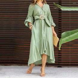 Casual Dresses 2024 Spring Summer Green Western Dress Fashion Full Sleeve V-neck Turn-down Collar Solid With Pockets Maxi