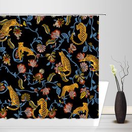 Leopard Shower Curtains Wildlife Tiger Cheetah Abstract Floral Vintage Asian Watercolour Jungle Animals Bathroom Decor with Hooks