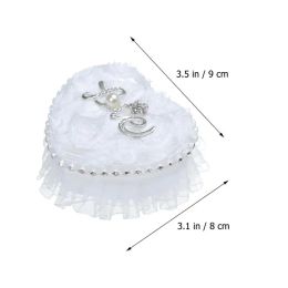 Ring Box Heart Wedding Lace Holder Pillow Ceremony Pillows Jewelry Bearer White Shape Boxes Pearl Rhinestone Case Love Proposal