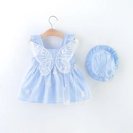 2PcsSetGirls dress summer childrens clothing cute butterfly wings lace suspender solid color mesh vest skirt with hat 240407