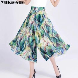 Women's Pants Floral Printed Wide Leg Capri Women 2024 Summer Autumn High Waist Chiffon Elastic Straight Trousers Female Clothes