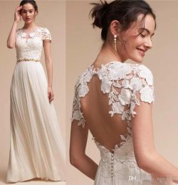 Hollow Back Boho Lace Wedding Dress Cap Sleeves Empire Waist Beach Bridal Gowns Floor Length