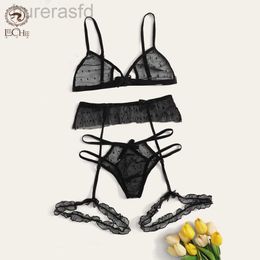 Bras LEECHEE New Mesh Sexy Women Lingerie 3pcs Bra Set Hollow Out Brassiere Transparent Underwear Set Polka Dot S-2XL Bra Briefs Set 240410