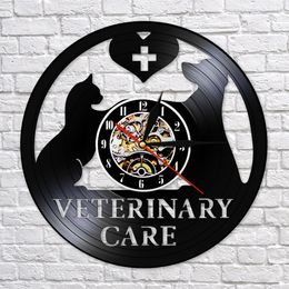 Veterinary Care Hospital Vinyl Record Wall Clock Dog Cat Clinic Time Health Services Slient Watch Animal Lover Pet Vet Cute Gift