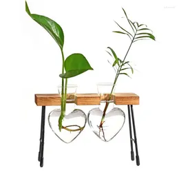 Vases Plant Propagation Stations Portable Glass Flower Vase With Wooden Stand Reusable Heart Shape Planter Pot For Home Tabletop Decor