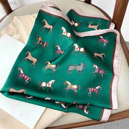 Scarves 27.5 Dark Green Horse Print Square Scarf Vintage Cartoon Imitation Silk Neck Scarf Bandana Classic Head Wrap Hair Accessories 240410