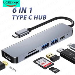 Hubs Type C Usb Hub 6 In 1 Usb3.0 Otg Adapter 2 Usb C HDMIcompatible Tf Sd Solt Pd Charger Splitter for PC Laptops Usbc Hub Computer