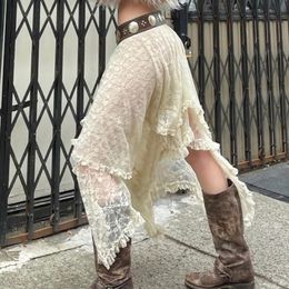 Y2K Beige Fairycore Boho Asymmetrical Lace Trim Midi Skirts Low Waist A Line Vintage Summer Harajuku Holiday Outfits 240408