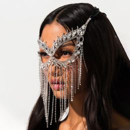 Luxury Belly Dance Rhinestone Long Tassel Veil Eyemask Jewelry for Women Crystal Face Masquerade Mask Chain Accessories