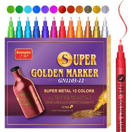 12 Colors Super Metallic Markers 0.7MM Golden Shine Water-Proof Marker Pen For Model Metal Cloth Glass Wood Canvas Ceramic Nail 240328