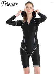 Women's Swimwear Trisass 2024 One Piece Women Swimsuit Long Sleeve With Cap UV-protective Monokini Bodysuit Fifth Pants Rash Guards