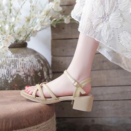 Sandals Women Summer Fashion 2024 Round Head Narrow Belt Woman Chunky Heels Solid Colour Casual Shoes Simple