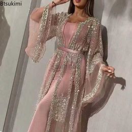 Urban Sexy Dresses New 2024 Womens Muslim Abaya Dubai Muslim Dress Luxury High Class Sequins Embroidery Lace Kaftan Islam Kimono Black Maxi Dress 24410