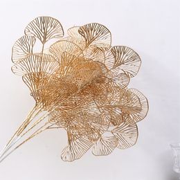 1PC Three-pronged Fan Leaf Netting Artificial Gold Ginkgo Eucalyptus Holly For Wedding Arch Flower Arrangement Home Decor Crafts