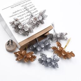 10 Pcs Golden Silver Pine Cone Christmas Decorations for Home Wedding Bridal Accessories Clearance Diy Gift Box Artificial Plant