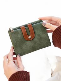 women's double fold buckle ctrasting color small wallet with card slot and ID card window, compact zipper pocket, zero wallet E6h3#